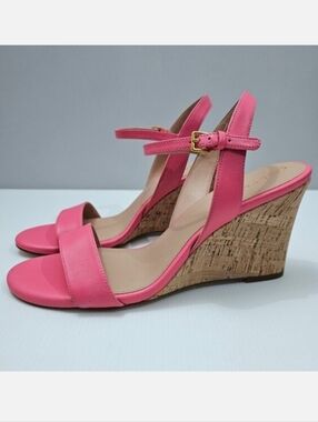 Cole Haan Josie Wedge Sandal Womens 9.5 Pink Leather Cork Heel Ankle Strap NEW